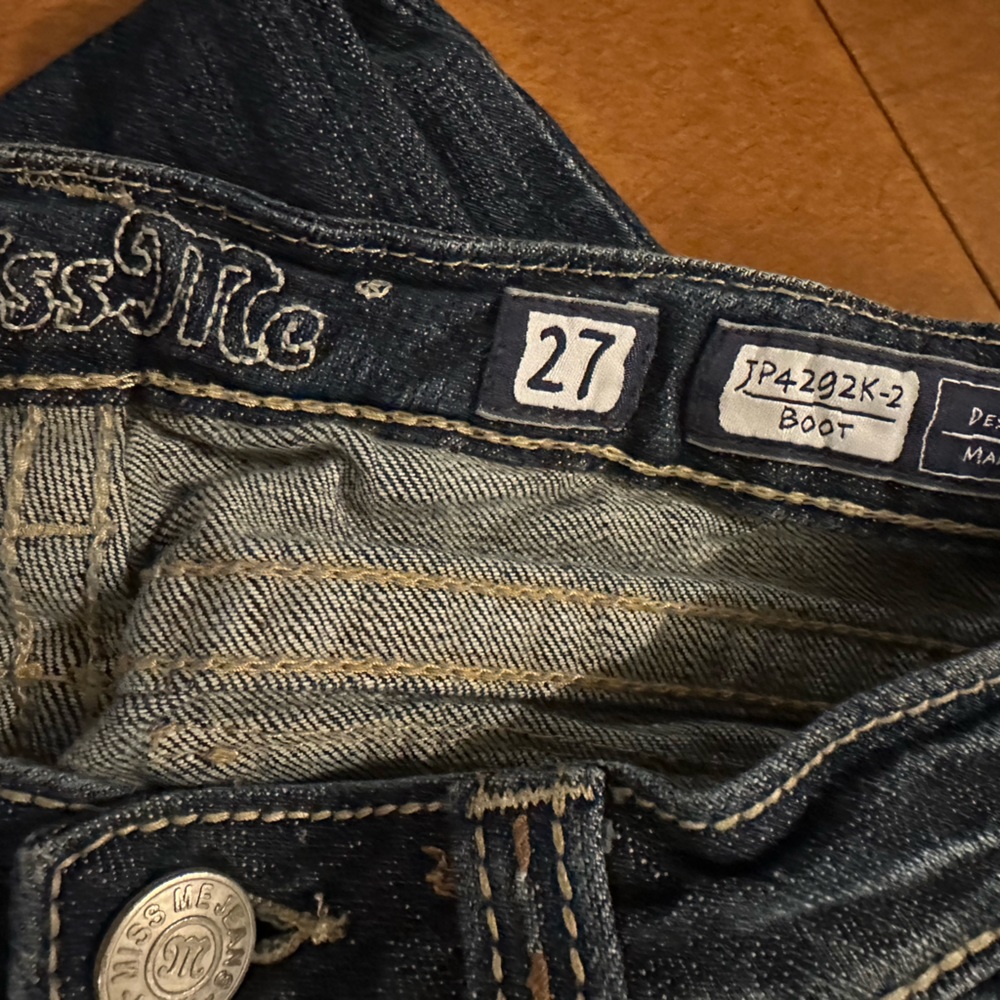 Miss Me Dark Blue Boot Cut Jeans with Brown & Cream Pocket Appliqué - Picture 4 of 8